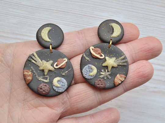 Clay Space Earrings|Boho Black Constellation Clips|Astronaut Clay Earrings Handmade|Planet Earrings|Rocket Earrings|statement Earrings