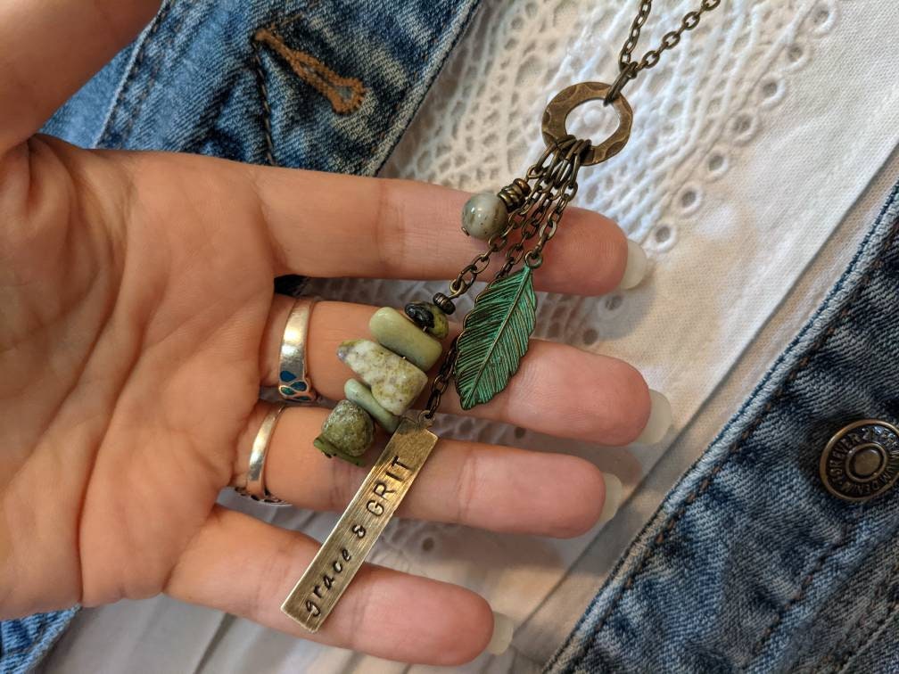 Personalized Long Boho Necklace, Feather Bronze Extra Womens Necklace With Healing Crystals, Bohemian Style, Gift For Mom