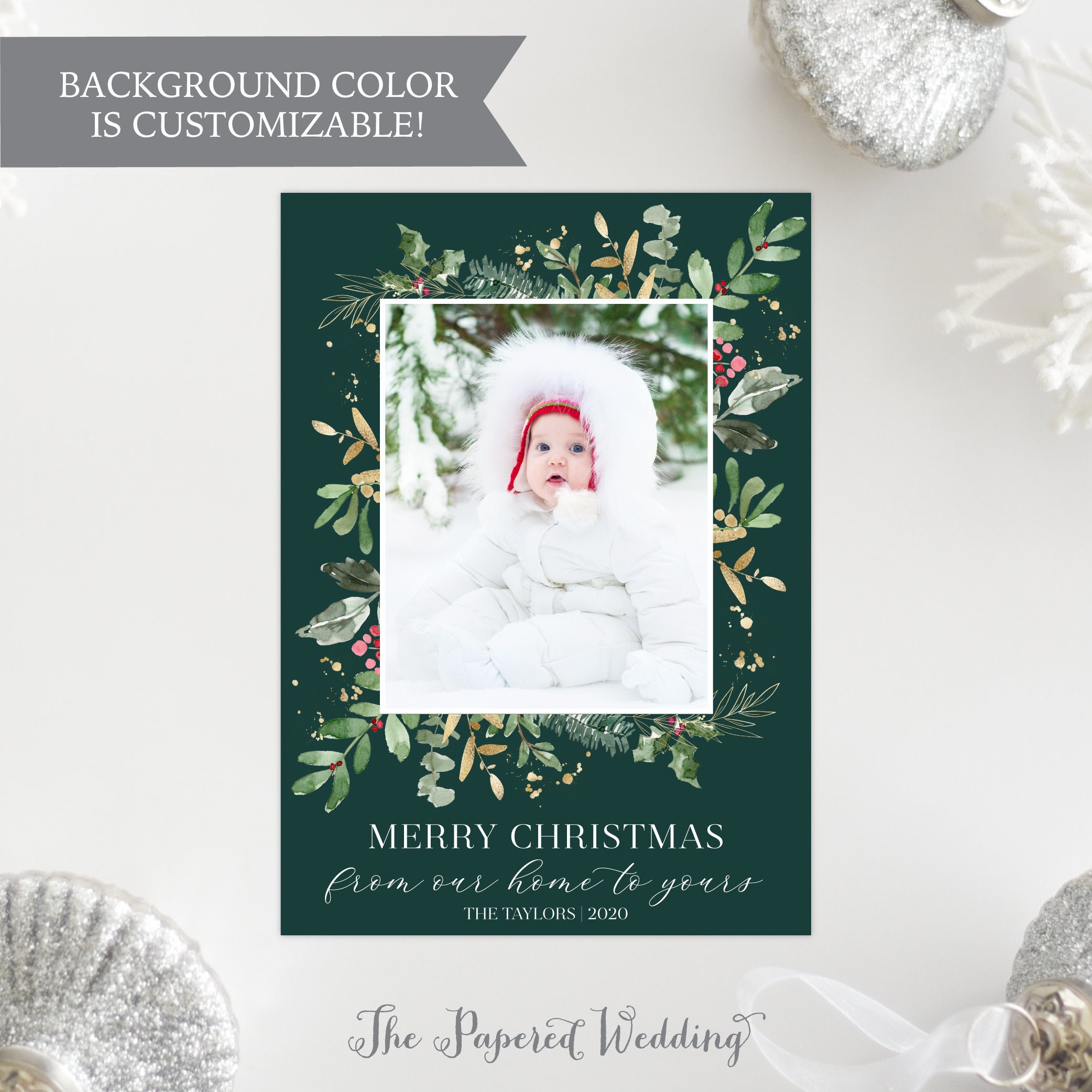 Printable Or Printed From Our Home To Yours Photo Holiday Cards - Green, Red, & Gold Holly Leaf With One Picture 125 P1"