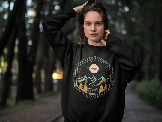 Wander Into The Mountains | Heavy Blend Crewneck Sweatshirt/Hoodie Adventure Camping Hiking Wilderness Nature Lover Pine Tree