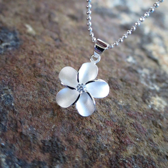 Hawaiian Sterling 925K Silver Jewelry Pendant Necklace 15mm Plumeria with Cubic Zirconia