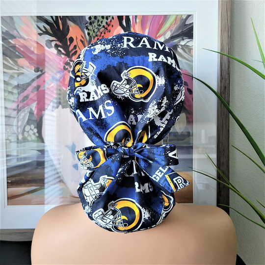 La Rams Custom Satin Lined Scrub Hat, Protect Hair W/Satin Lining, Buttons Optional, Jumbo Nurse/Surgical Cap, Ponytail Hat