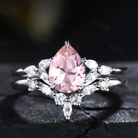 Pear Shaped Morganite Engagement Ring Set Rose Gold Art Deco Marquise Cz Diamond Pink For Women Unique Bridal