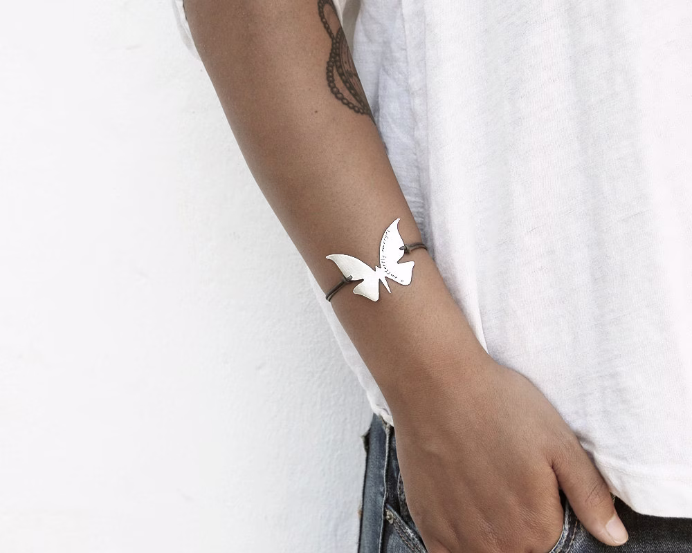 Modern Butterfly Bracelet in Brushed Sterling Silver With Custom Words