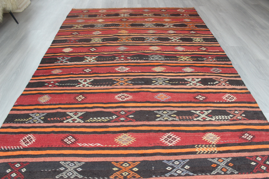 Vintage Kilim, Black-Red Striped Kilim Rug, Ethnic Large/N-412