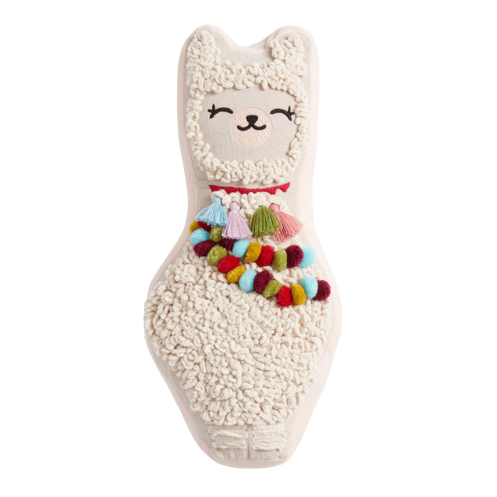 Llama Shaped Pom Pom Throw Pillow: White - Cotton - Lumbar by World Market
