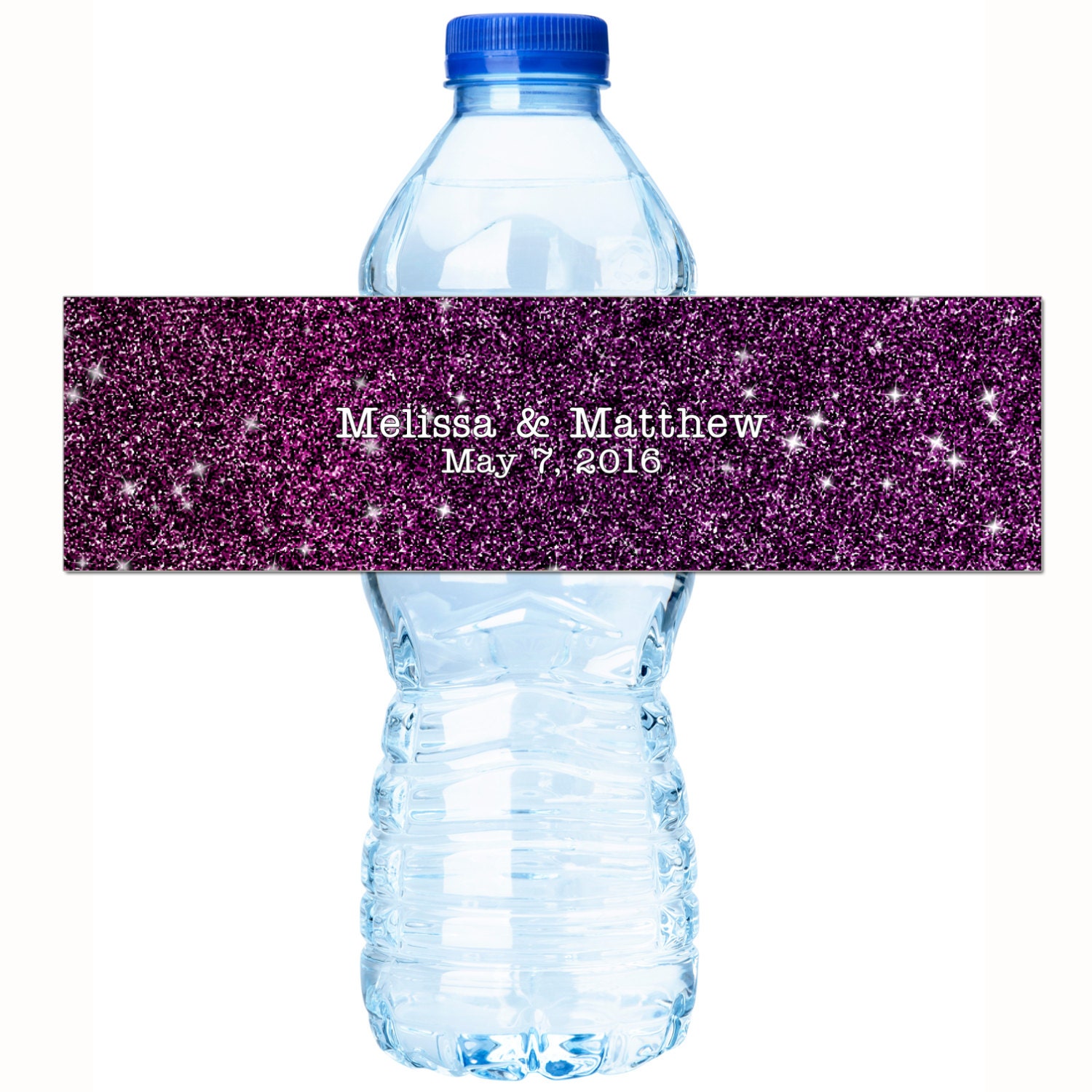 30 Personalized Purple Faux Glitter Wedding Water Bottle Labels, Welcome Bags