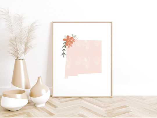 New Mexico State Blush With Flowers Art Print, Wall Art, Santa Fe, Albuquerque, Western Home Decor, Southwest Decor