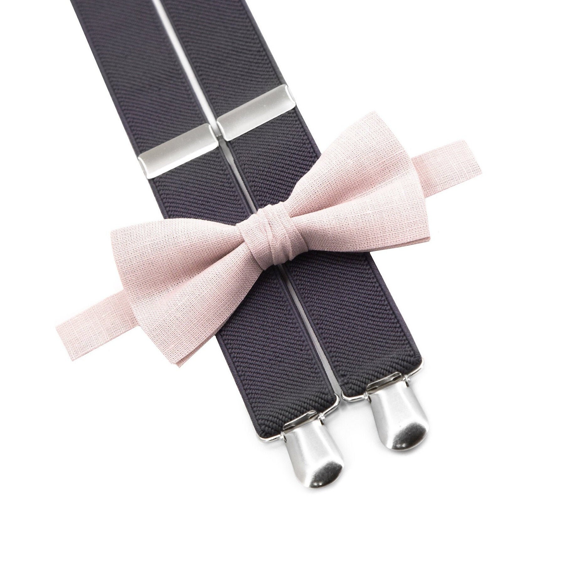 Cameo Blush Pink Bow Tie & Gray Suspenders