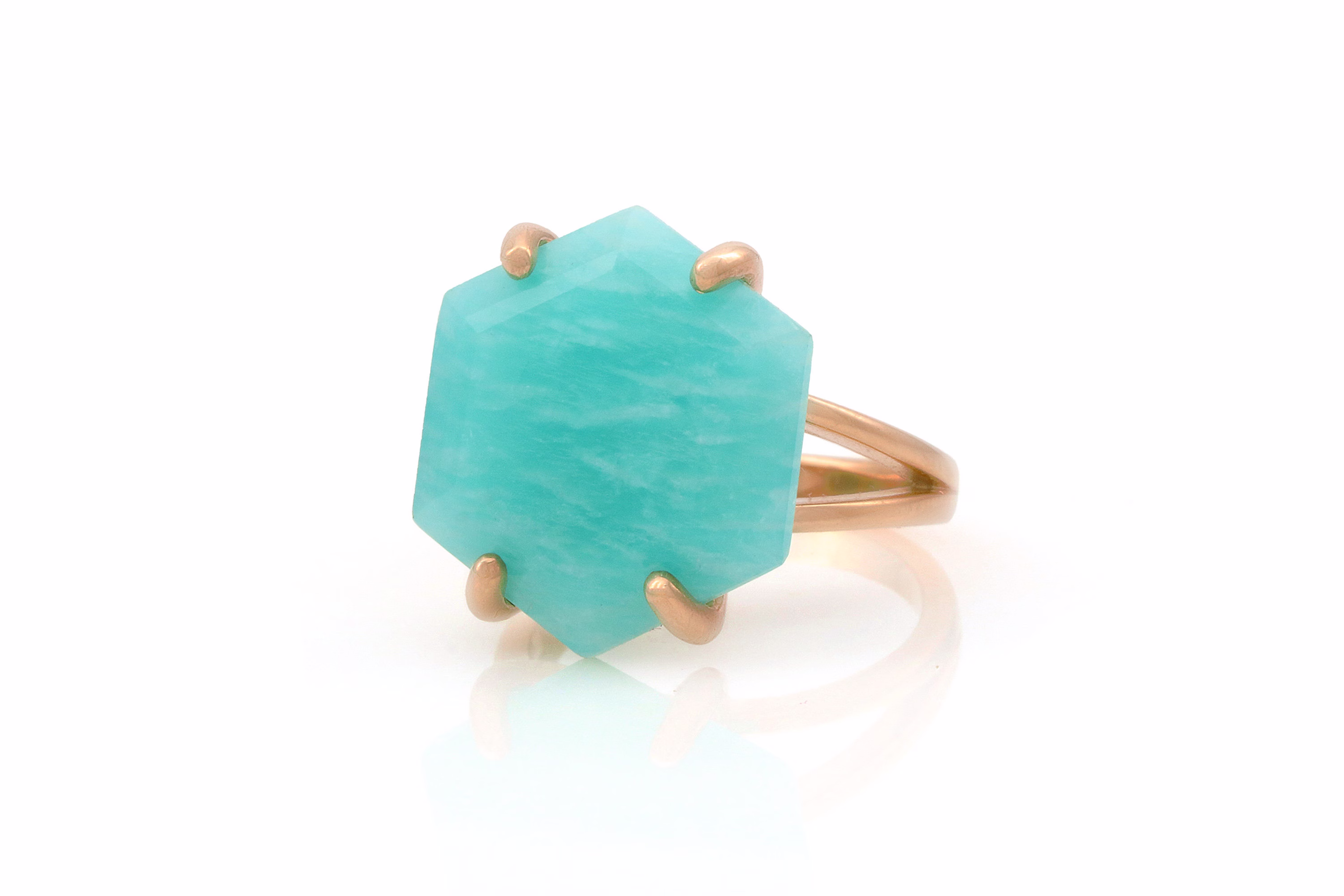 Fine Rose Gold Amazonite Ring Pink Gemstone Solid Cocktail Hexagon Solitaire For Women