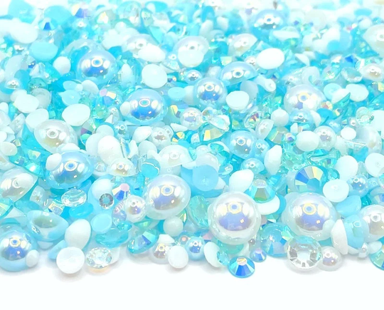 Pool Party Blend Rhinestone Mix 2mm-10mm Flatback Jelly Resin | Faux Pearls Mixed Sizes, Blue Clear White