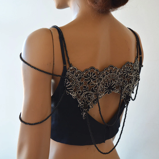 Pearl Shoulder Necklace, Black Lace Jewelry, Gothic Piece, Body Prom Accessories, Detachable Jewelry