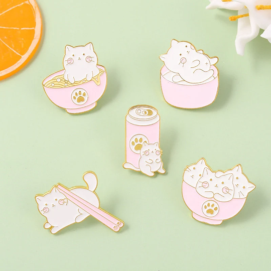 Pink Cat Ramen Soda Enamel Pin | Gift For Pet Owner Lapel Pin Badge Environmentally Friendly Alloy Pins Backpacks, Hat