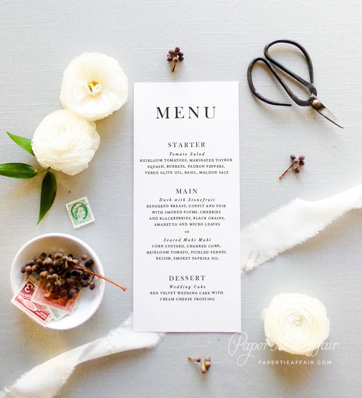 Wedding Menu Cards - Menus Elegant Calligraphy Script 5x7 Or 4x9.25 Printed Menus, Customizable | Serif Affair"