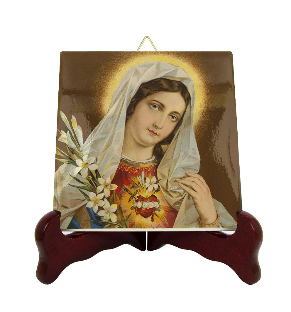 Catholic Gifts - The Sacred Heart Of Mary Religious Icon On Ceramic Tile Handmade in Italy Immaculate Virgin Holy Art