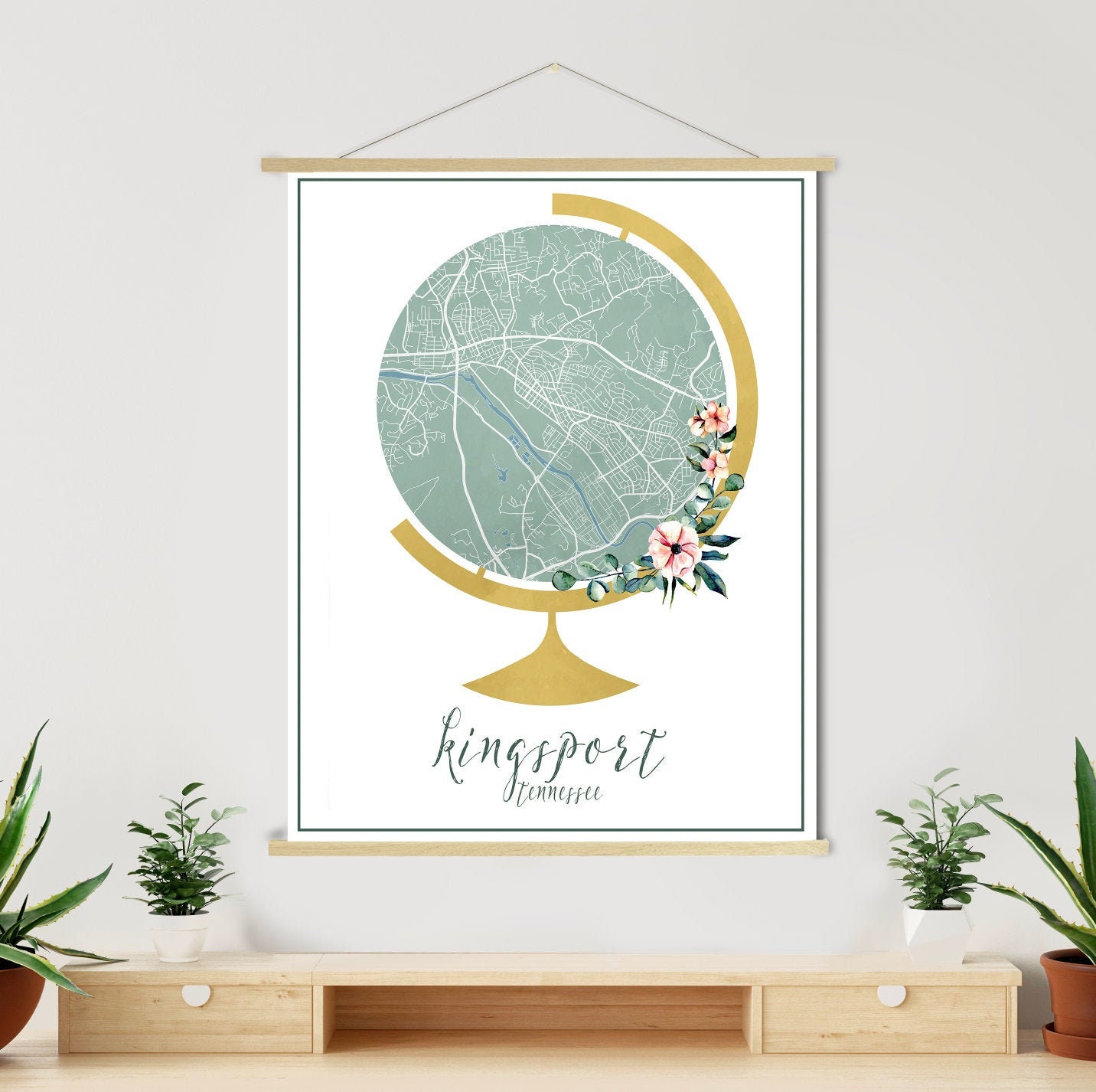 Kingsport Tennessee Globe Street Map | Hanging Canvas Of Printed Marketplace