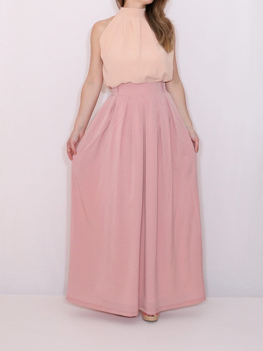 Blush Pink Chiffon Maxi Skirt With Pockets, Long Pleat Skirt, Pastel