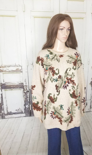 Cream Floral Sweater Pullover Wool Blend 1990S Vintage Oversized Cozy Beige // Women's Size Large L