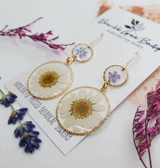 Handmade Real Preserved Dainty Daisy Earrings | Woodland Jewelry Spring & Summer Accessories Botanical Earrings Nature Gifts