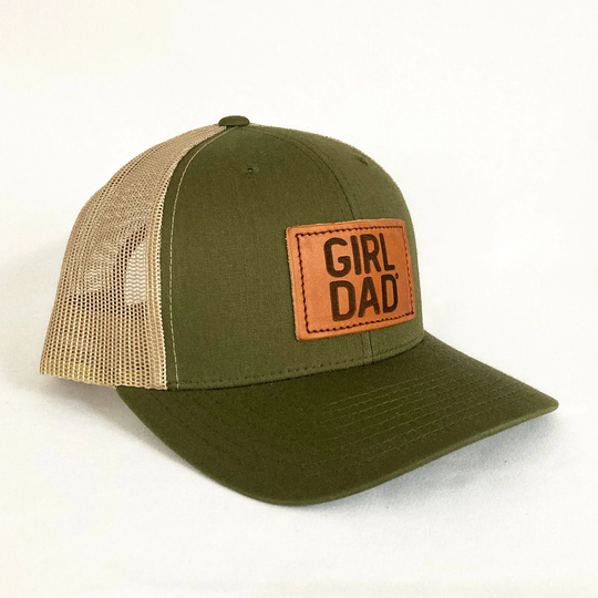 Girldad® Leather Patch Trucker Hat, Olive/Khaki Snapback Girl Dad, Dad Gift, Of Girls, Gift For