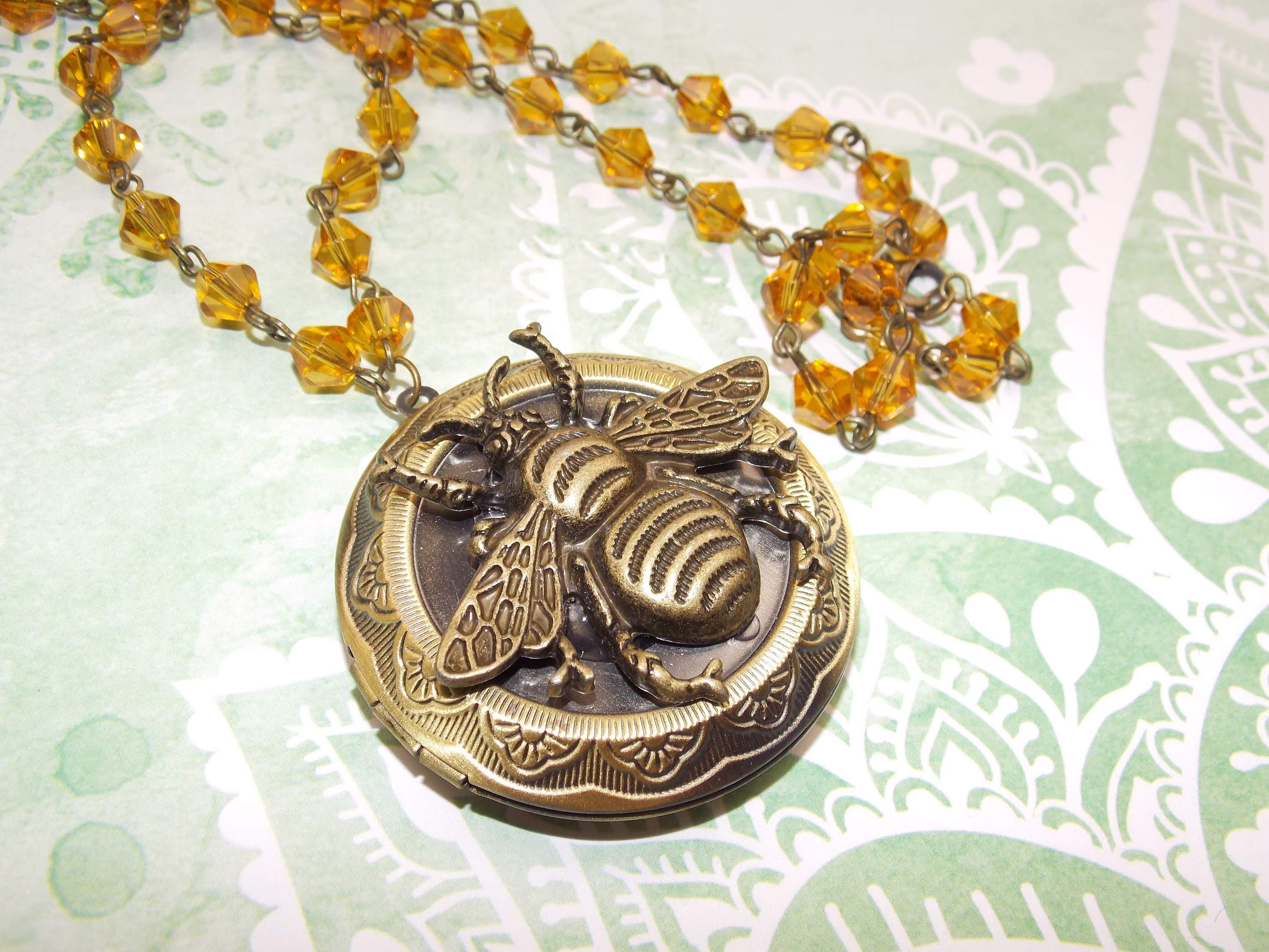 Large Bee Bronze Color Photo Locket Necklace Gothic Goth Flower Retro Victorian Statement Piece