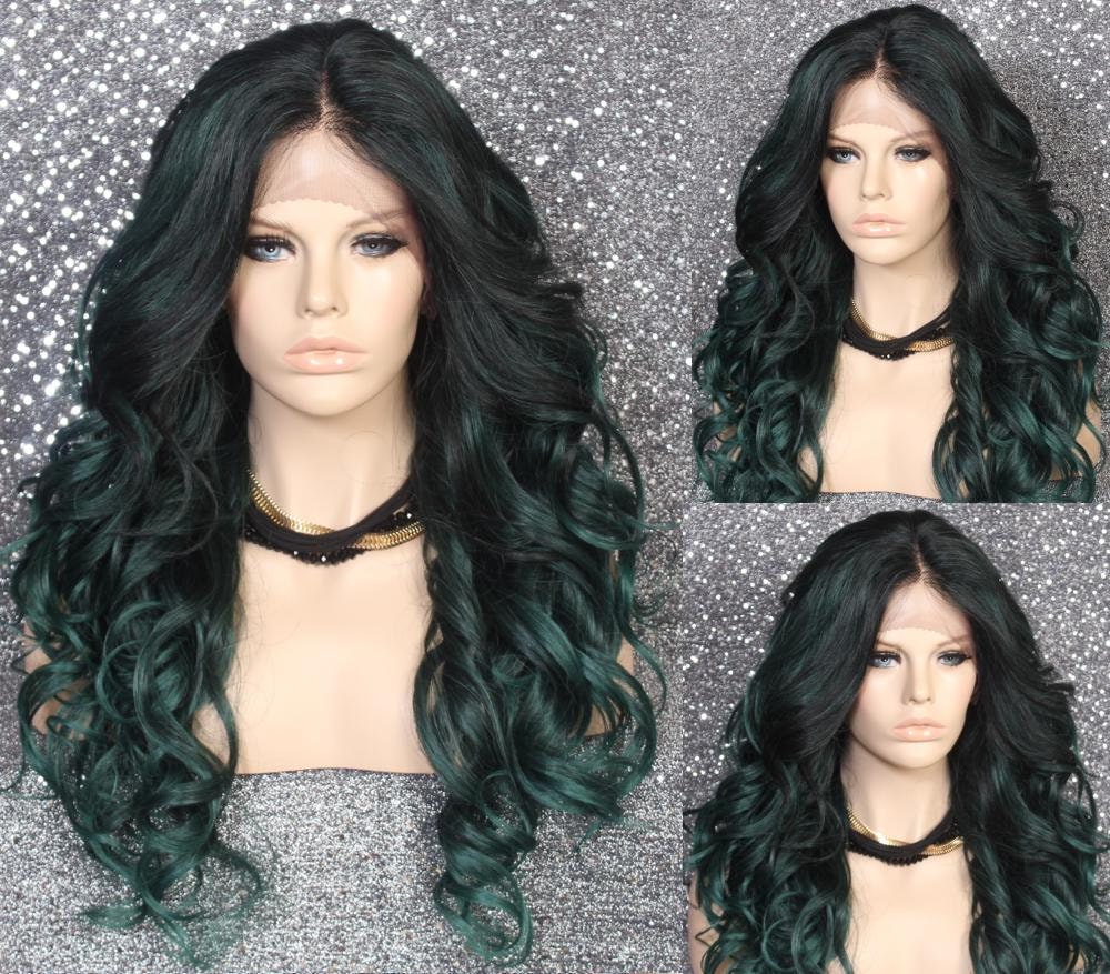 Full Green Mix Human Hair Blend Lace Front Wig Long Curly Center Hand Tied Parting With Multiple Of Layers Cancer Alopecia Theater