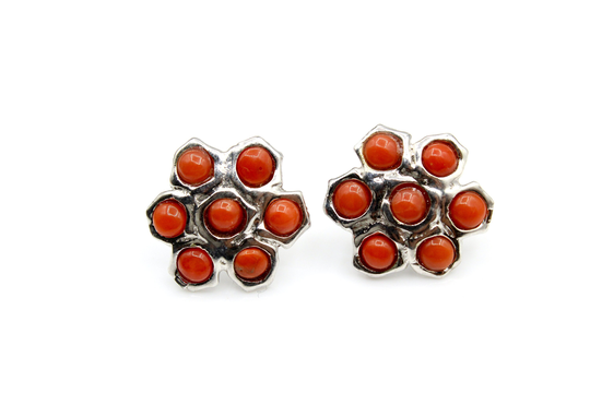 Mediterranean Red Coral Earrings, Sterling Silver 925 Floral Earring, Push Back Natural Birthstone Gift
