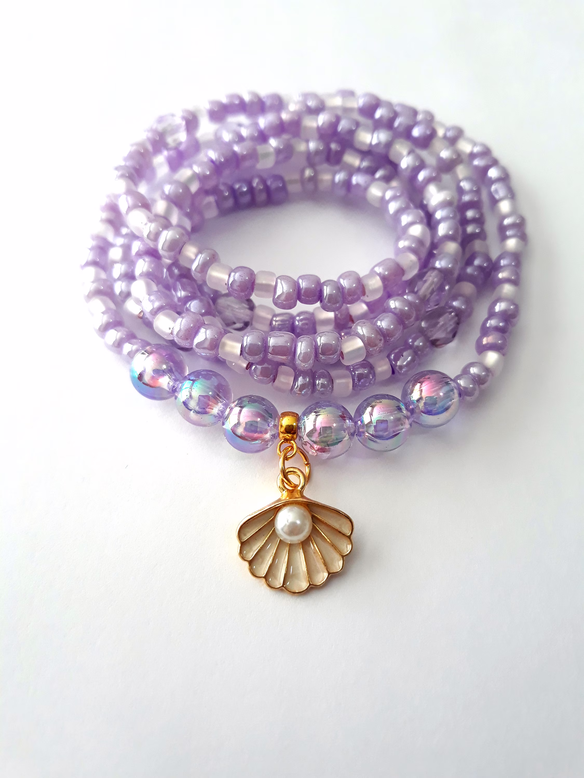 Lavender & Cream Waist Beads With Pearl in Clam Shell Charm, Stretch, Weight Loss Tracker, Belly Beads, Waist Trainer, Unique Gift