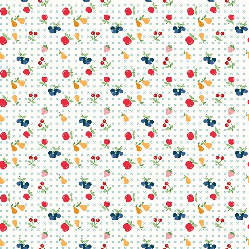 Lori Holt Cook Book Fabric By Riley Blake - White & Blue Fruit The 1/2 Yard Or Fat Quarter