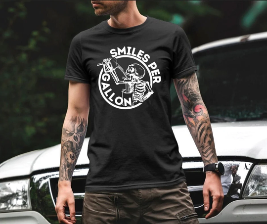Smiles Per Gallon T-Shirt, Mechanic, Lifted Truck, Diesel Gift, Nation, Motorhead, Offroad, Gearhead, Car Guy, 4x4, Mechanic