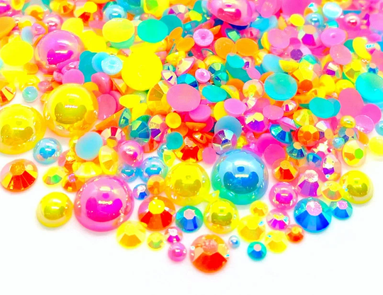 Summertime Blend Rhinestone Mix 2mm-10mm Flatback Jelly Resin | Faux Pearls Rhinestones Mix, Blue Yellow Pink Orange