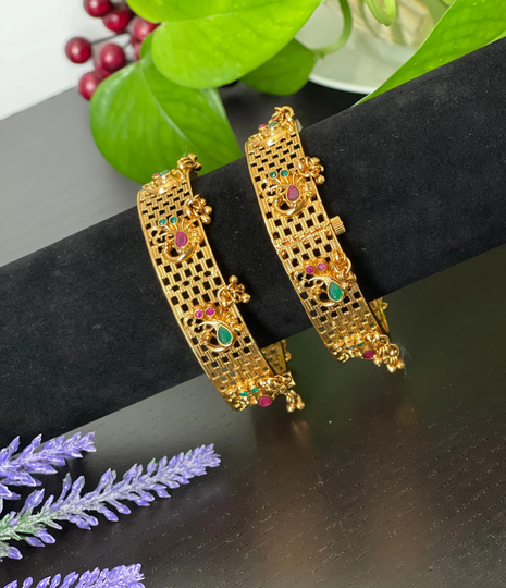 A Pair Of Antique Gold Finished Peacock Kada Bangles/Bracelets/ Wedding Bangles /Temple Jewelry Nagas Bracelet