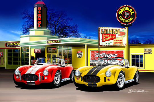 Shelby Cobra Art Prints By Danny Whitfield | Cars & Coffey At Signal Gas Station Ac Series