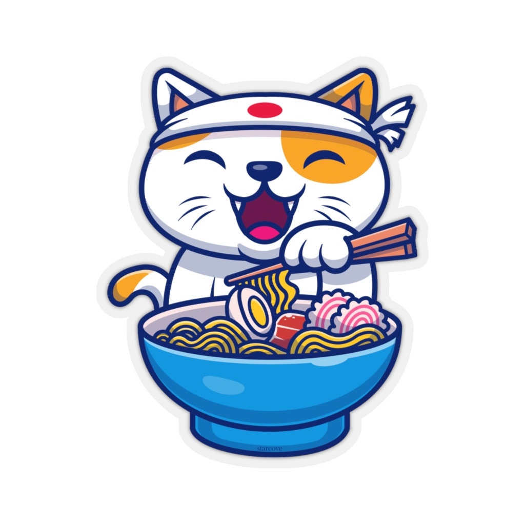 Cat Ramen Food Sticker, Asian Noodle Laptop Decal Vinyl Cute Waterbottle Tumbler Car Waterproof Bumper Aesthetic Die Cut Wall Mural