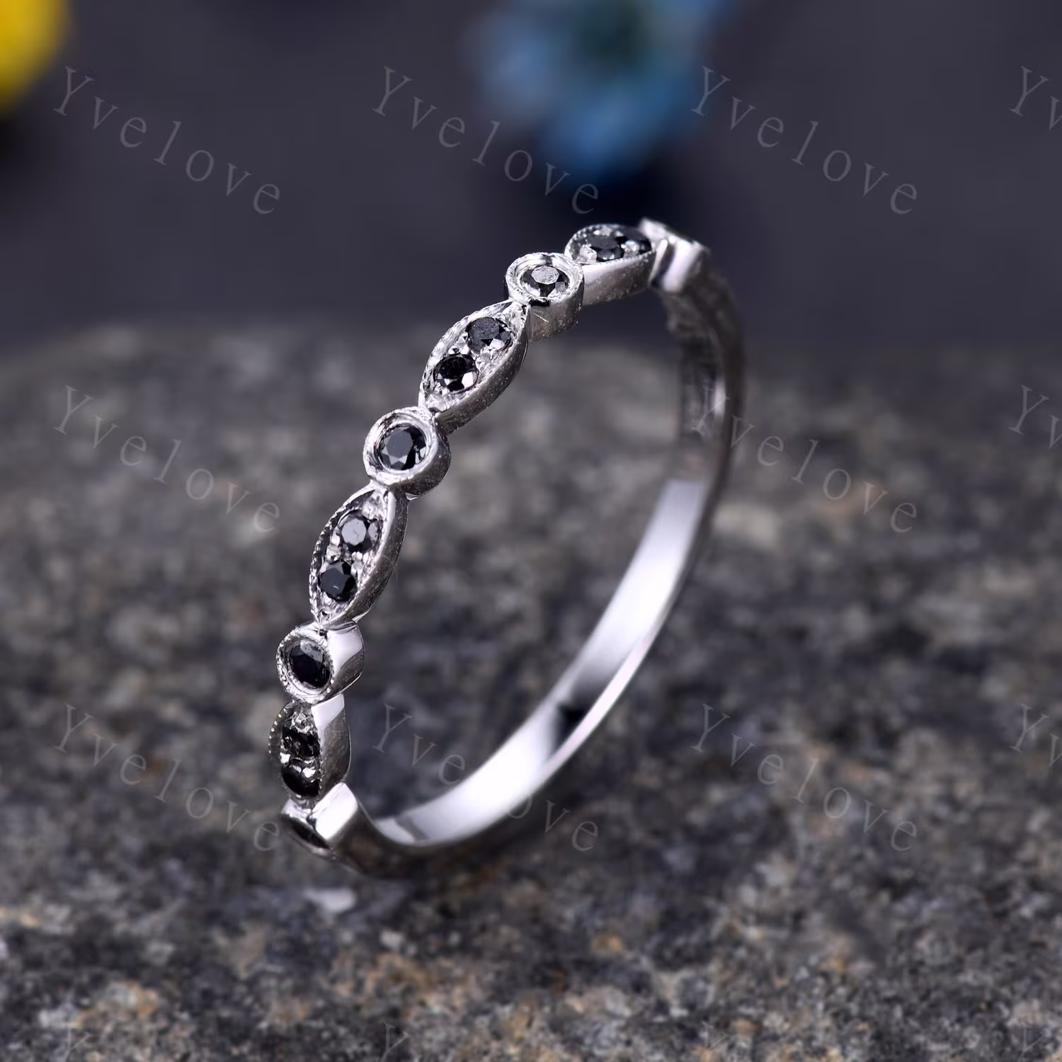 Black Diamond Wedding Band 14K White Gold Natural Ring Art Deco Half Eternity Stacking Matching