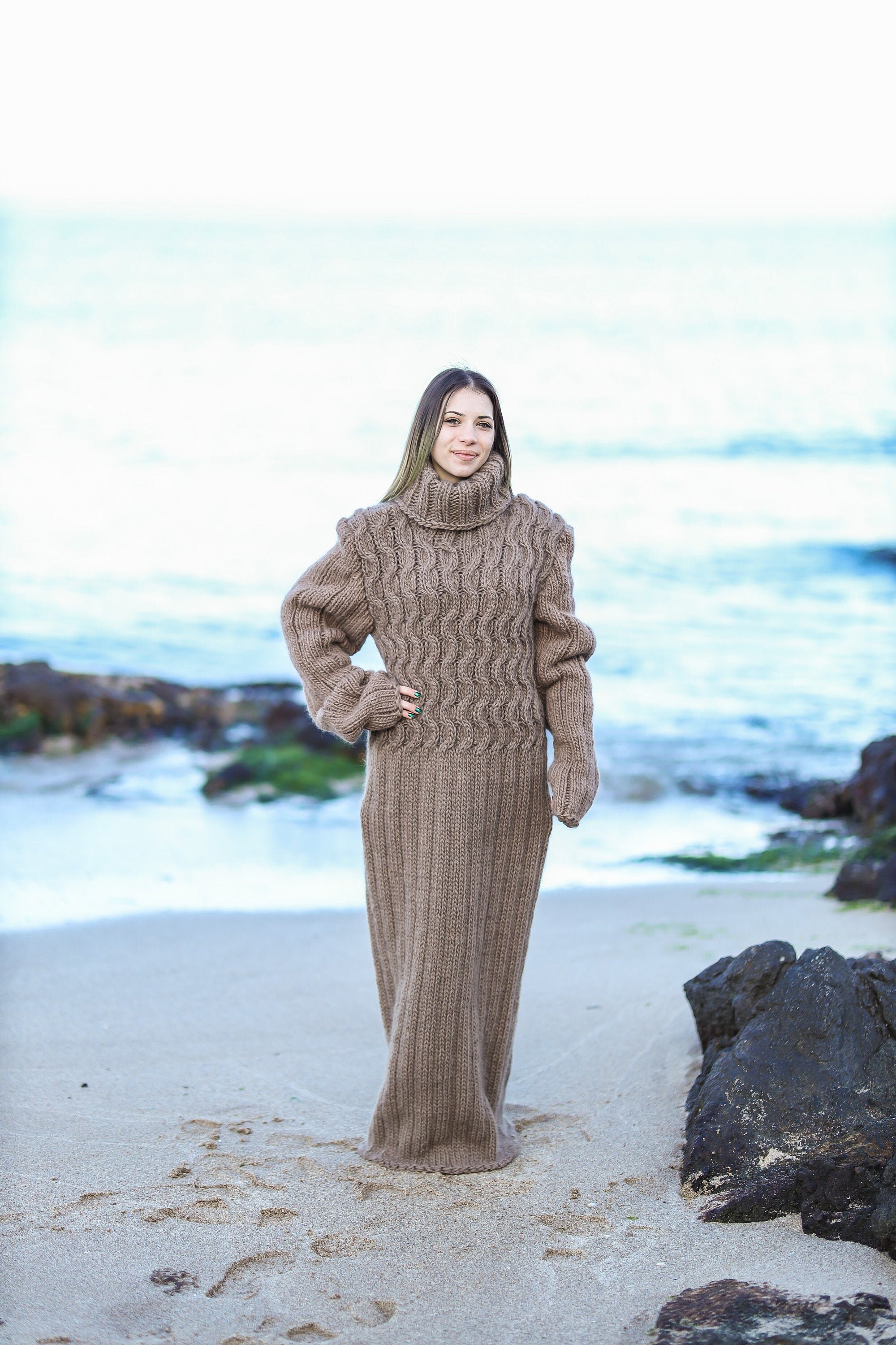 2xl Size Ready To Ship Cable Wool Dress , Knit Sweater Dress, Women Turtleneck Knit Slouchy Boho Dress, Molimarks