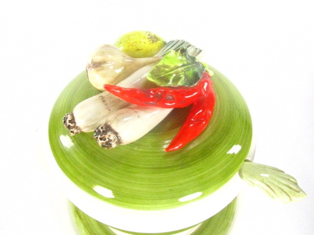 Soup Tureen, Vegetable Soup Bowl, Serving Ladle, Green, Orange, Majolica Look, Kitchen Decor, Country Garden, Reto