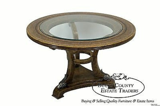 Maitland Smith Leather Clad Large Round Regency Style Center Table with Rams Heads
