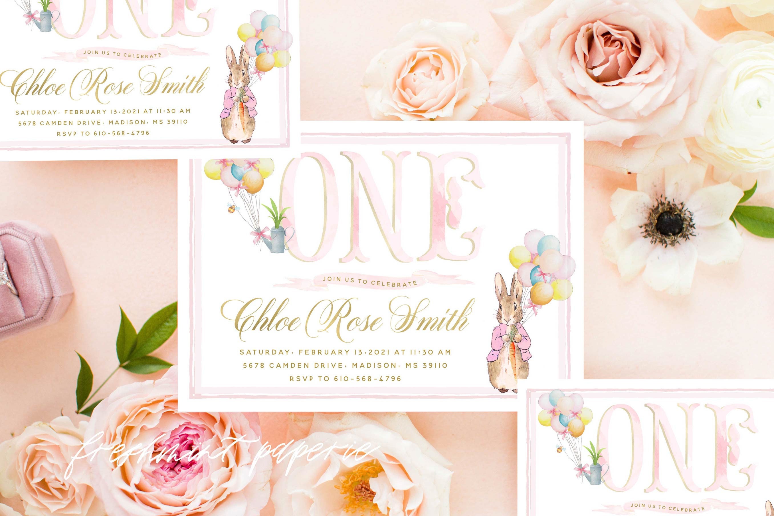 Pink Peter Rabbit Invitation | Bunny Birthday Invitation Easter Invite One