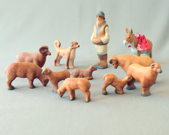 Shepherd With Sheep Herd Toy Set, Wooden Figurine, Ram Toy, Donkey Figurines, Play Set For Kids
