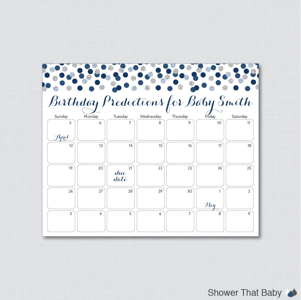 Navy & Gray Baby Shower Birthday Predictions - Printable Due Date Calendar & Guess Glitter Polka Dot 0023-N