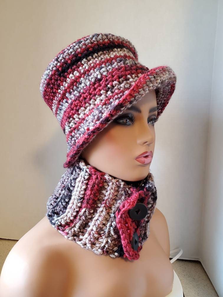 Top Hat - Cap Red Blend, Crochet Hat Handmade Bucket Stove