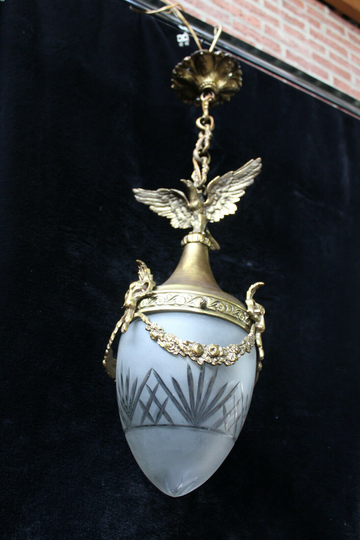 Antique French Crystal Glass Bronze Eagle Ram Head Lantern Pendant Chandelier