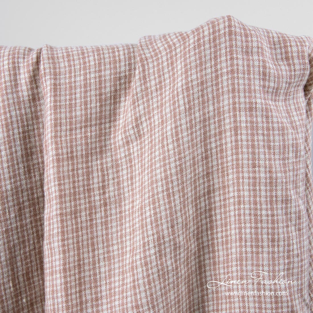 Linen Wool Blend Fabric With Brown Checks, Washed | Sold By The Yard Or Meter For Sewing Clothing, Scarves, Shawls, Blankets Made in Eu