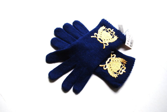 Luxurious Vintage 1980, Navy, Blended Wool, Stretched Knit Gloves With A Coat Of Arms Gold Metallic Applique .by Carolina Amato. Size L