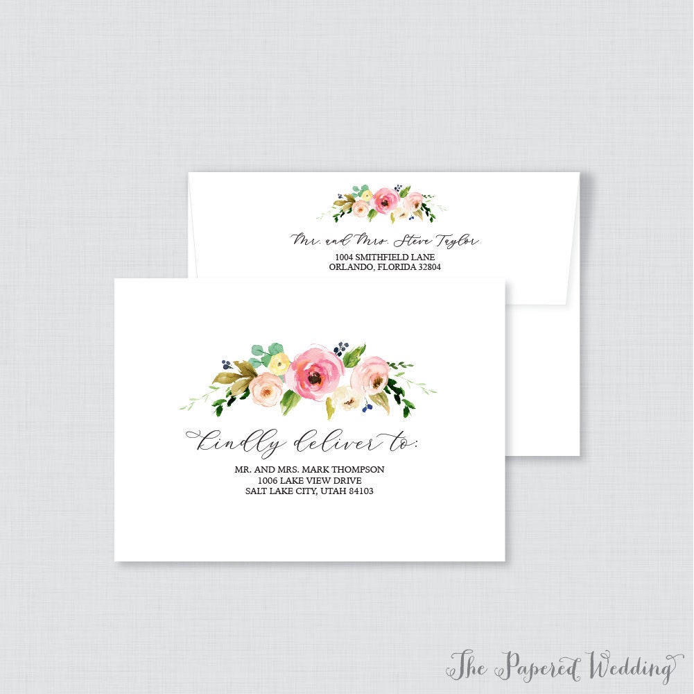 Wedding Envelopes - With Pink & Yellow Flowers Calligraphy, Name Address, Custom Printed 0011