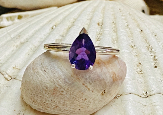 14K Amethyst Ring, Pear Engagement Rose Gold Solitaire February Birthstone