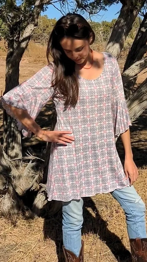 Ivory Geo Linen Blend Tunic, Women's Beach Cover Up, Summer Boho Top, Bohemian, 3/4 Sleeve, Fit & Flare, Scoop Neck