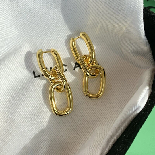 18K Gold Square Chain Link Hoop Earring, Huggie Small Rectangle Drop Dangle, Korean Elegant, Oval Hoops