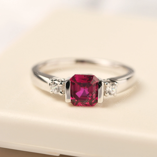 Asscher Cut Ruby Engagement Ring Silver Simple July Birthstone